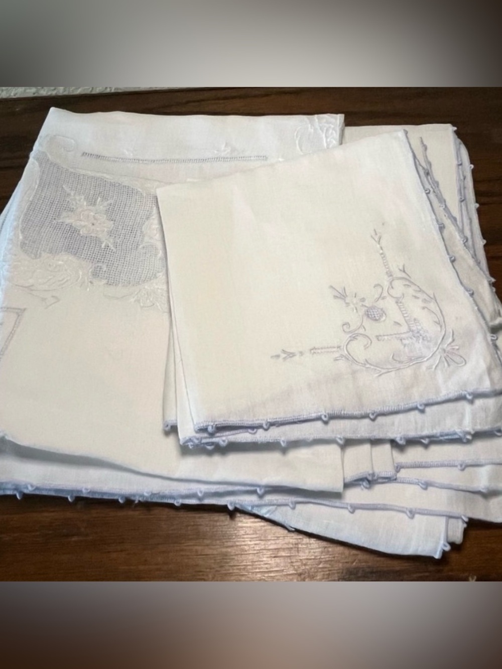 Vintage White Pale Blue Linen Tablecloth 32” Square with 4 Embroidered Napkins